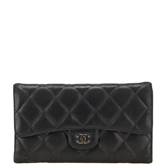 CHANEL Authentic Black Lambskin Leather Logo Wallet